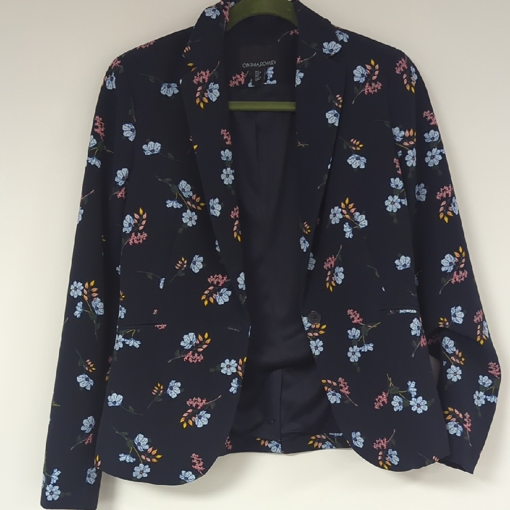 Blazer. Cynthia Rowly. Size small. Floral Design On Navy Blue. Lined